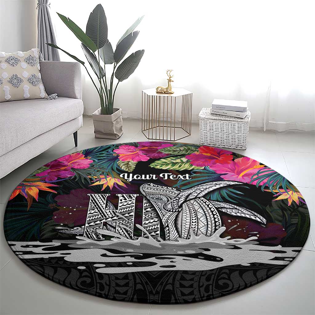Personalised Hawaii Round Carpet Humpback Whale Tattoo With Tropical Flowers Black