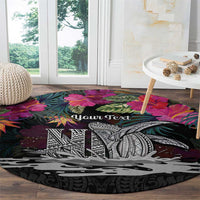 Personalised Hawaii Round Carpet Humpback Whale Tattoo With Tropical Flowers Black