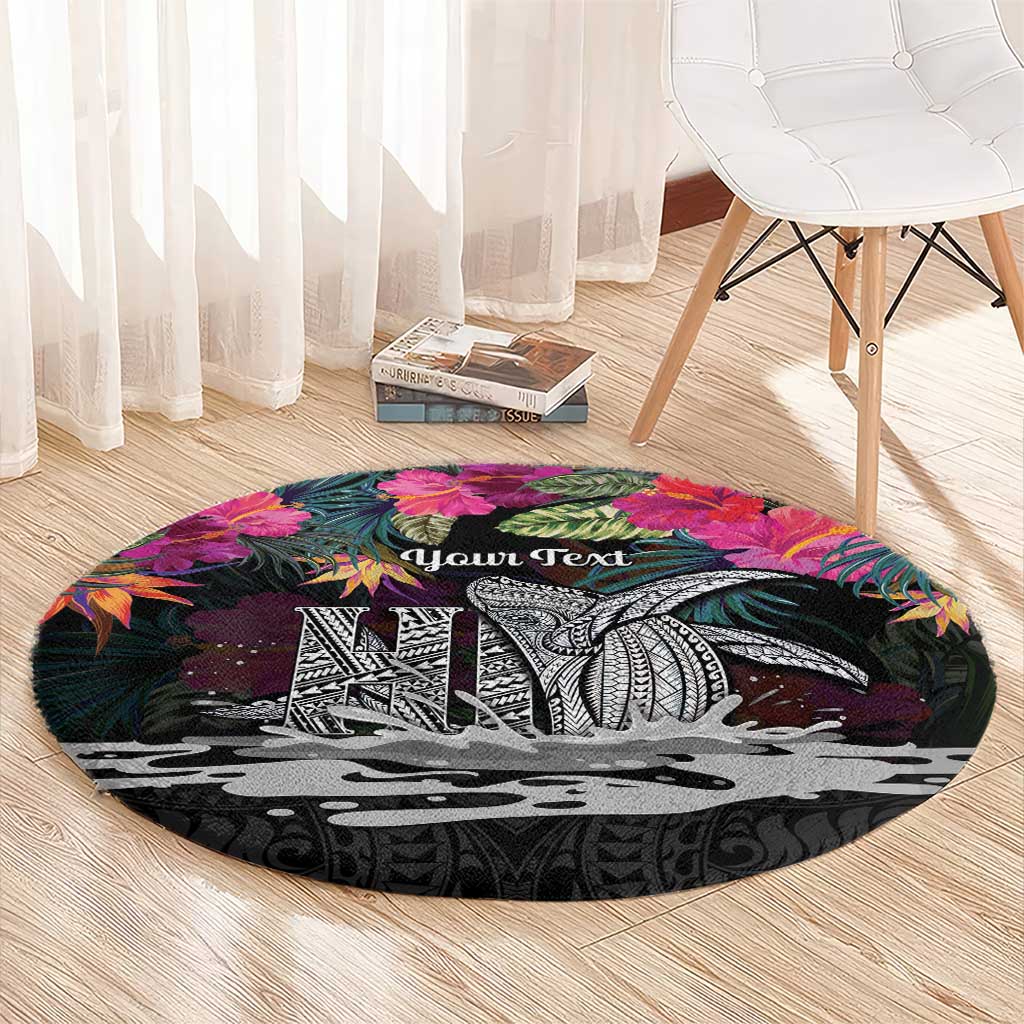 Personalised Hawaii Round Carpet Humpback Whale Tattoo With Tropical Flowers Black