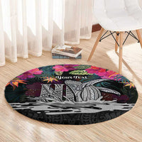 Personalised Hawaii Round Carpet Humpback Whale Tattoo With Tropical Flowers Black