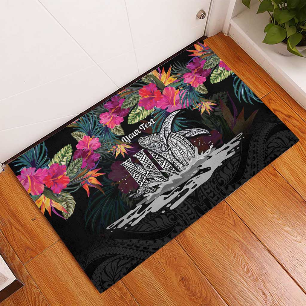 Personalised Hawaii Rubber Doormat Humpback Whale Tattoo With Tropical Flowers Black LT14 - Polynesian Pride