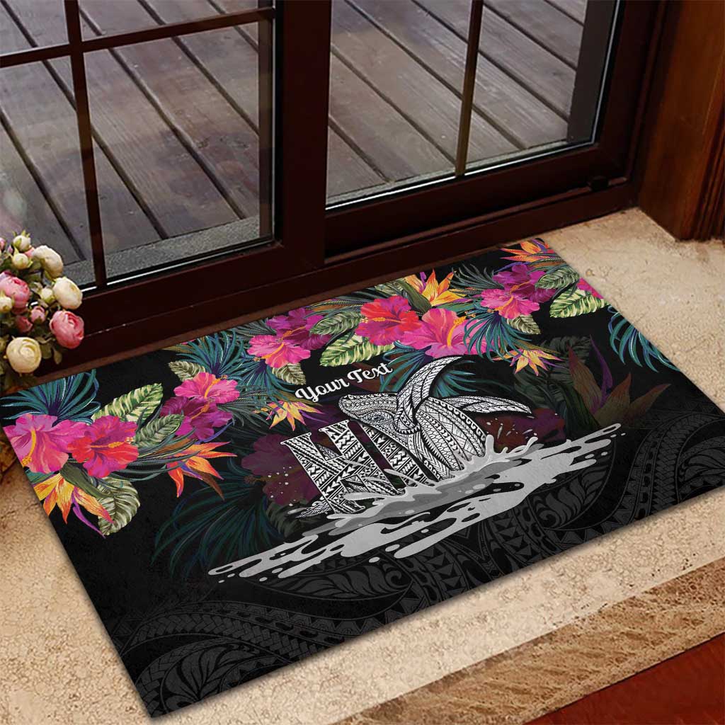 Personalised Hawaii Rubber Doormat Humpback Whale Tattoo With Tropical Flowers Black LT14 - Polynesian Pride
