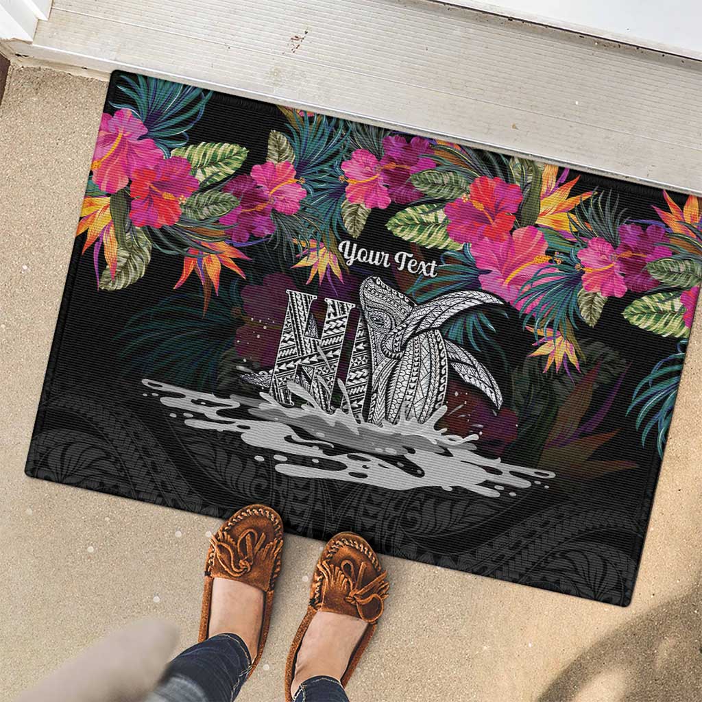 Personalised Hawaii Rubber Doormat Humpback Whale Tattoo With Tropical Flowers Black LT14 - Polynesian Pride