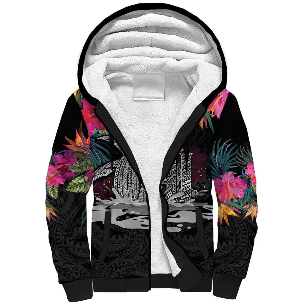 Personalised Hawaii Sherpa Hoodie Humpback Whale Tattoo With Tropical Flowers Black LT14 Unisex Black - Polynesian Pride