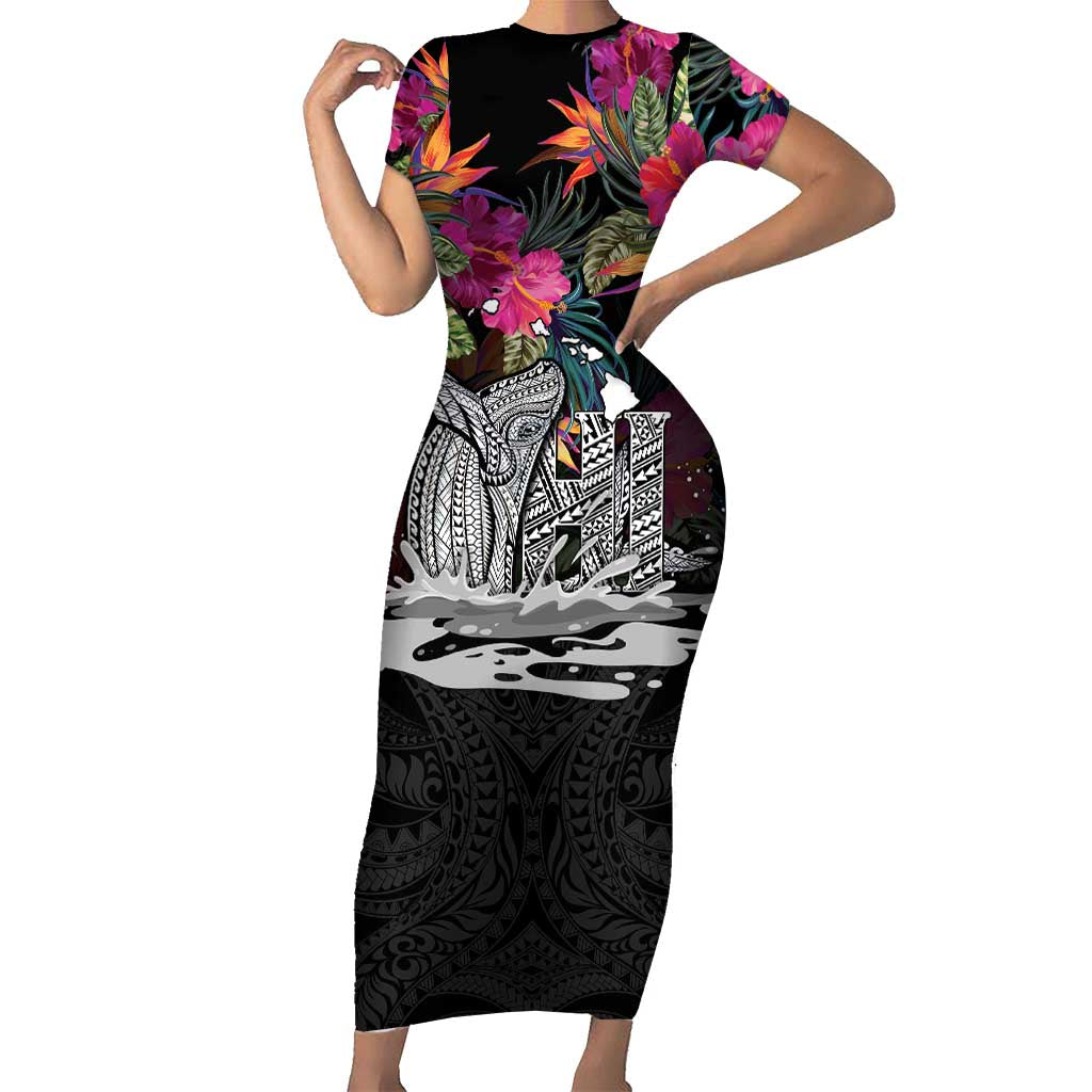 Personalised Hawaii Short Sleeve Bodycon Dress Humpback Whale Tattoo With Tropical Flowers Black LT14 Long Dress Black - Polynesian Pride