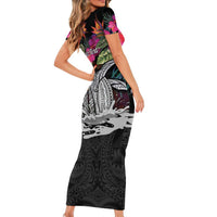 Personalised Hawaii Short Sleeve Bodycon Dress Humpback Whale Tattoo With Tropical Flowers Black LT14 - Polynesian Pride