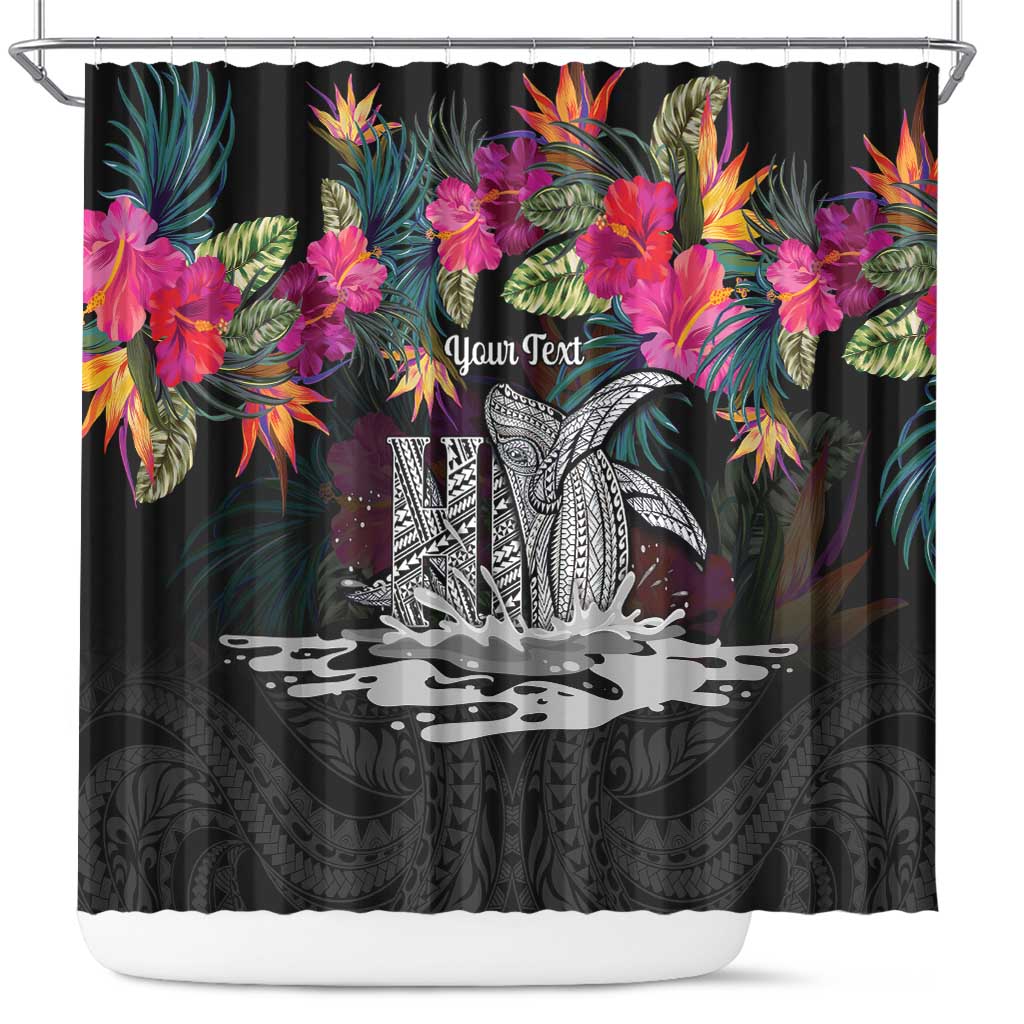 Personalised Hawaii Shower Curtain Humpback Whale Tattoo With Tropical Flowers Black