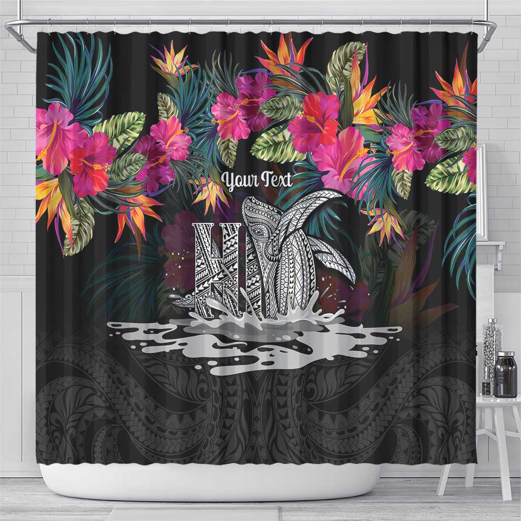 Personalised Hawaii Shower Curtain Humpback Whale Tattoo With Tropical Flowers Black