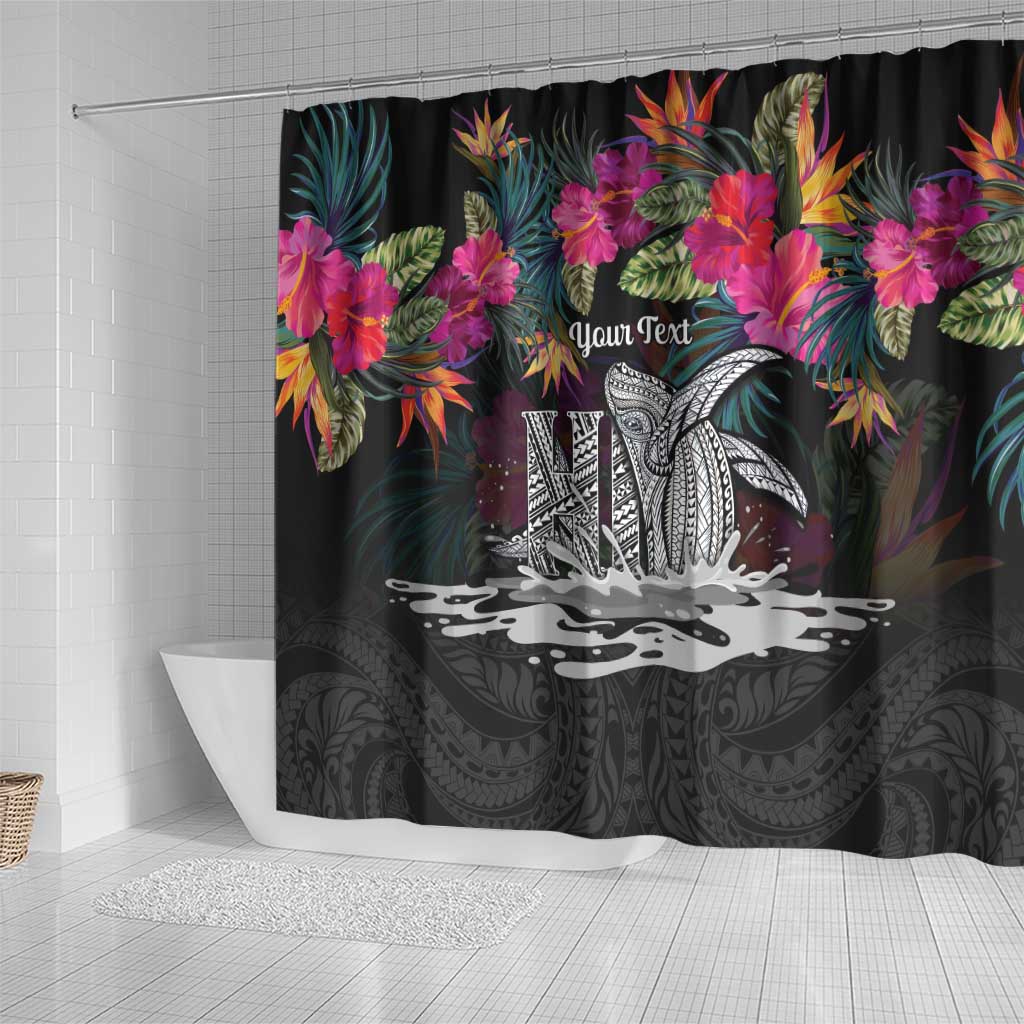 Personalised Hawaii Shower Curtain Humpback Whale Tattoo With Tropical Flowers Black