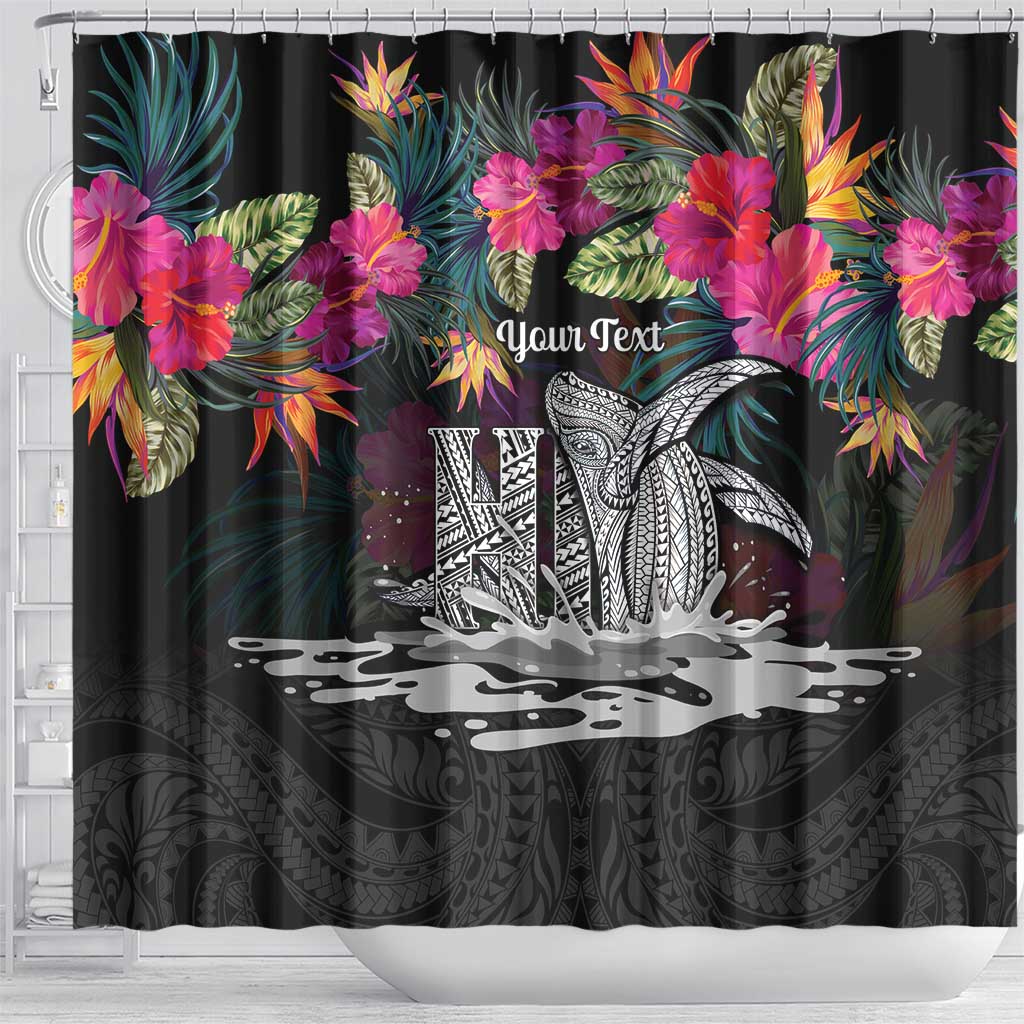 Personalised Hawaii Shower Curtain Humpback Whale Tattoo With Tropical Flowers Black