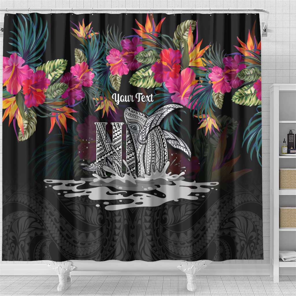 Personalised Hawaii Shower Curtain Humpback Whale Tattoo With Tropical Flowers Black