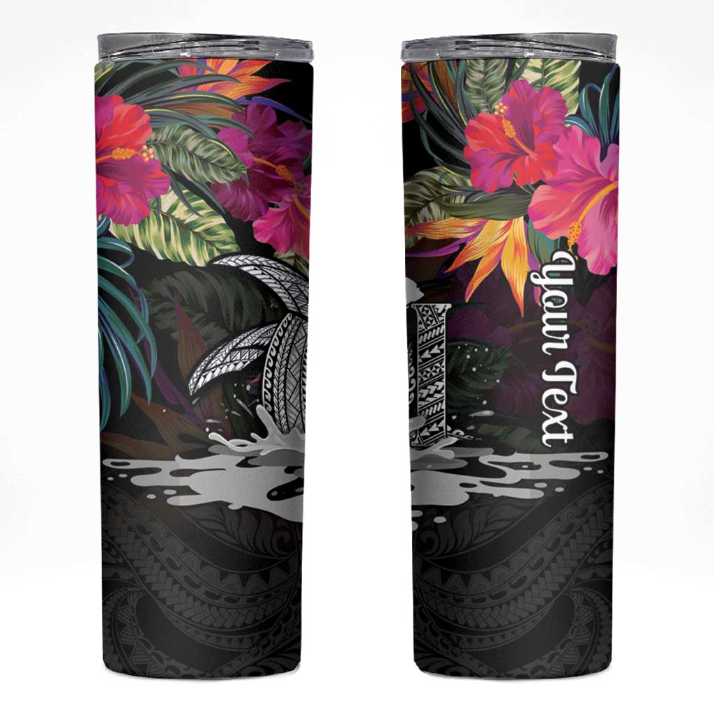 Personalised Hawaii Skinny Tumbler Humpback Whale Tattoo With Tropical Flowers Black