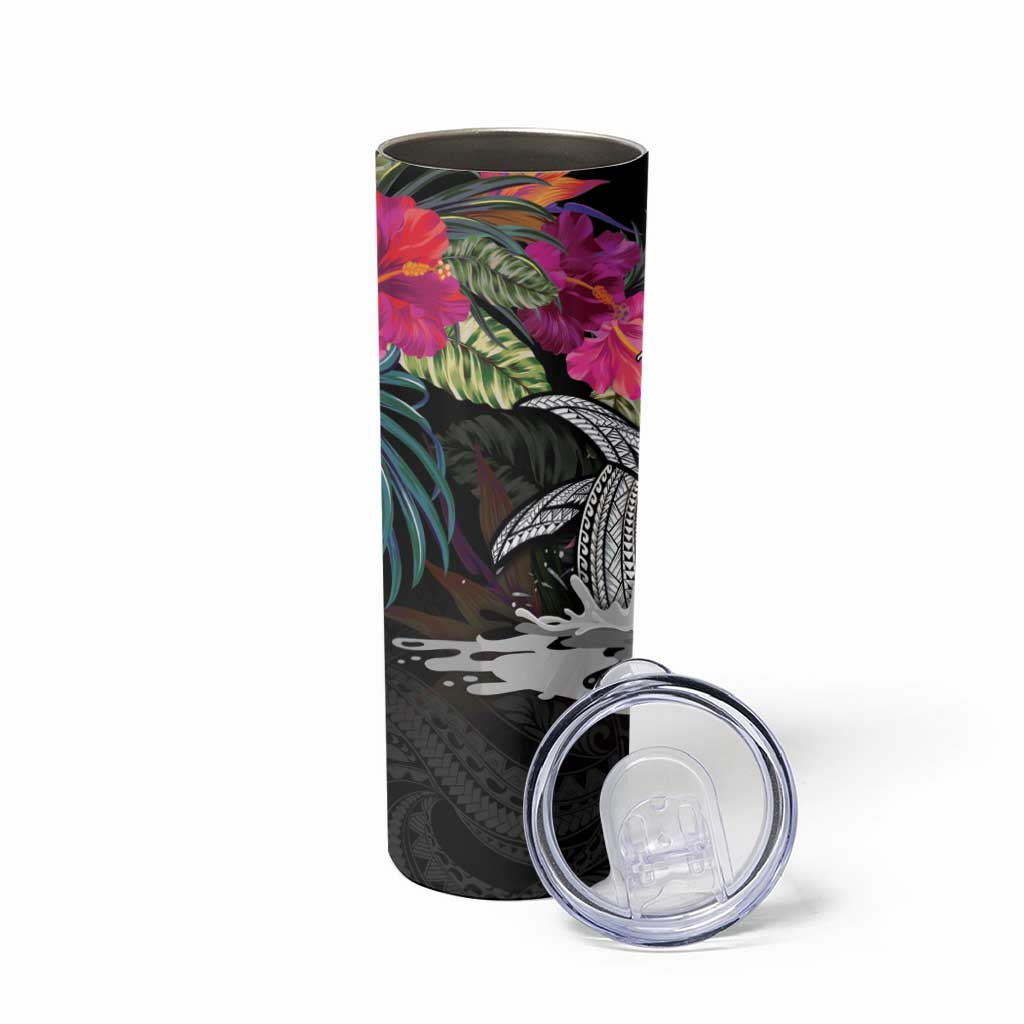 Personalised Hawaii Skinny Tumbler Humpback Whale Tattoo With Tropical Flowers Black LT14 - Polynesian Pride