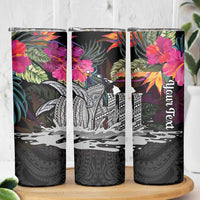 Personalised Hawaii Skinny Tumbler Humpback Whale Tattoo With Tropical Flowers Black LT14 - Polynesian Pride