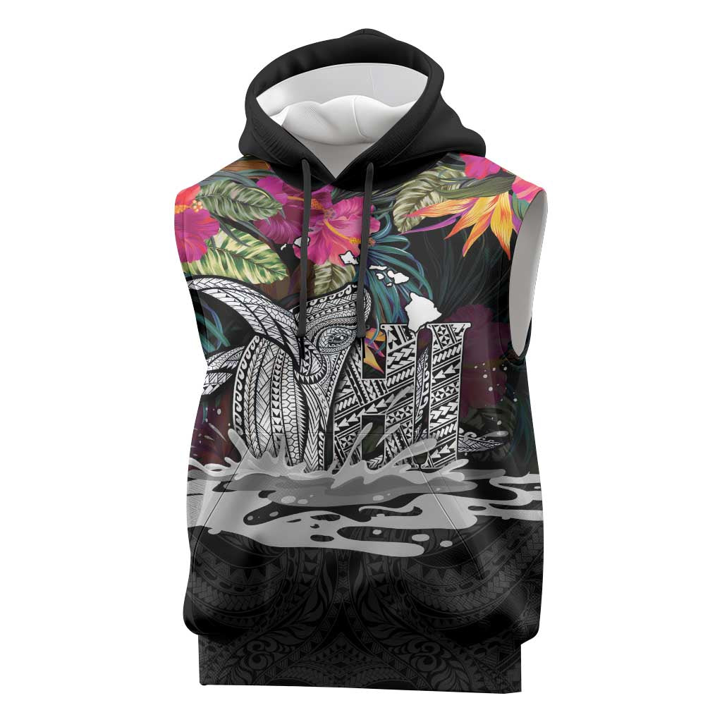 Personalised Hawaii Sleeveless Hoodie Humpback Whale Tattoo With Tropical Flowers Black LT14 Black - Polynesian Pride
