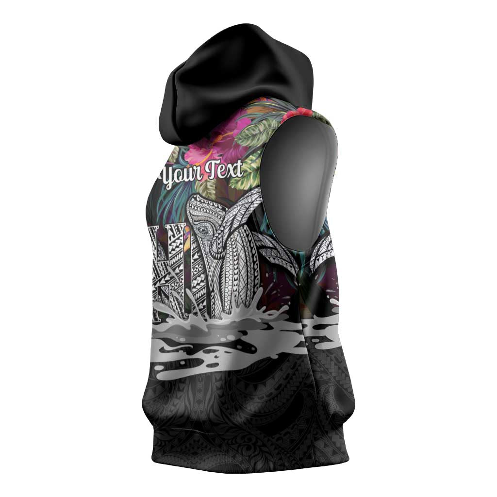 Personalised Hawaii Sleeveless Hoodie Humpback Whale Tattoo With Tropical Flowers Black LT14 - Polynesian Pride