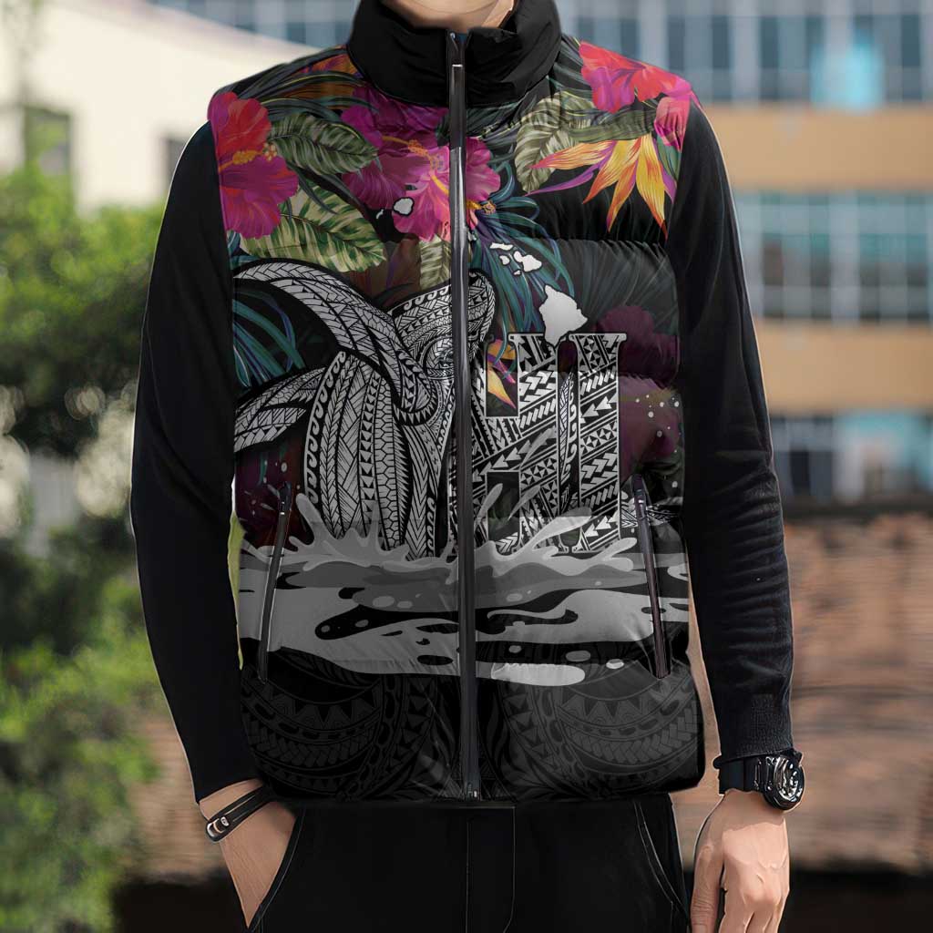 Personalised Hawaii Sleeveless Puffer Jacket Humpback Whale Tattoo With Tropical Flowers Black LT14 - Polynesian Pride
