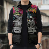 Personalised Hawaii Sleeveless Puffer Jacket Humpback Whale Tattoo With Tropical Flowers Black LT14 - Polynesian Pride