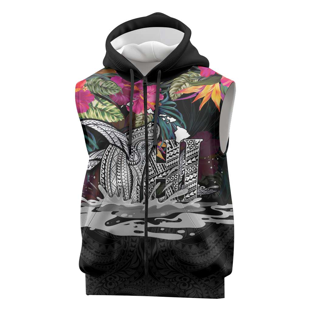 Personalised Hawaii Sleeveless Zip Hoodie Humpback Whale Tattoo With Tropical Flowers Black LT14 Black - Polynesian Pride