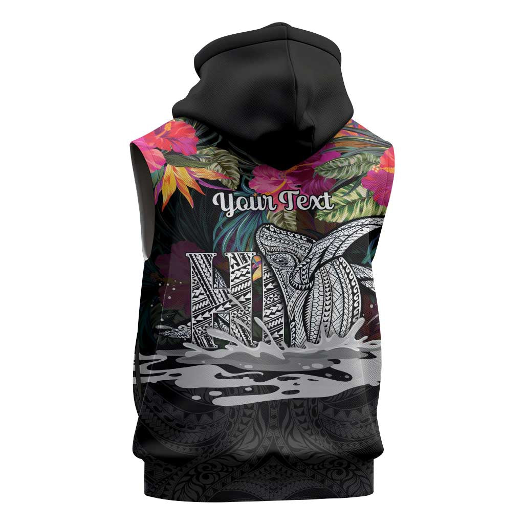 Personalised Hawaii Sleeveless Zip Hoodie Humpback Whale Tattoo With Tropical Flowers Black LT14 - Polynesian Pride