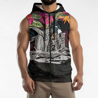 Personalised Hawaii Sleeveless Zip Hoodie Humpback Whale Tattoo With Tropical Flowers Black LT14 - Polynesian Pride