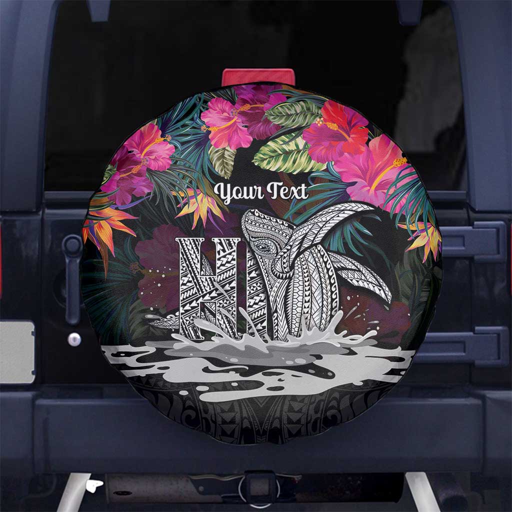 Personalised Hawaii Spare Tire Cover Humpback Whale Tattoo With Tropical Flowers Black LT14 No hole Black - Polynesian Pride