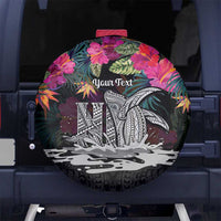 Personalised Hawaii Spare Tire Cover Humpback Whale Tattoo With Tropical Flowers Black LT14 No hole Black - Polynesian Pride