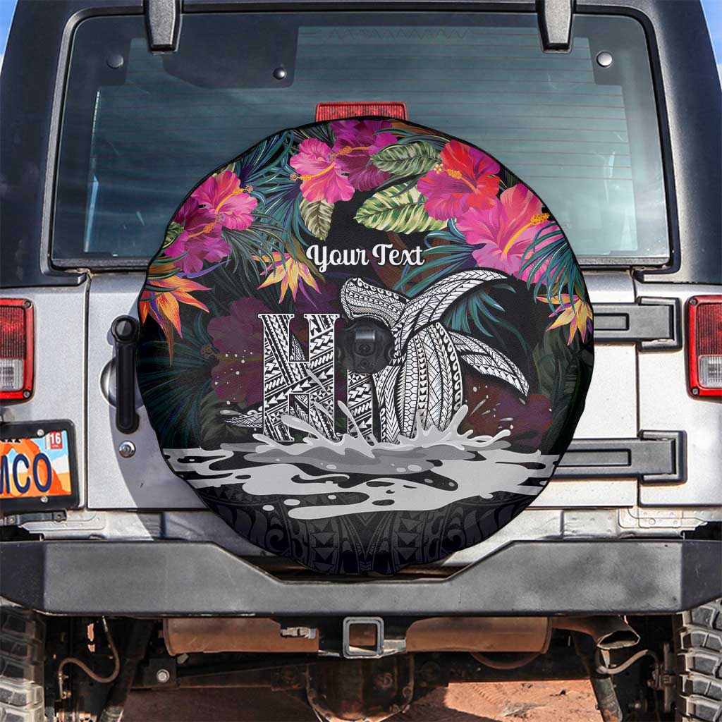 Personalised Hawaii Spare Tire Cover Humpback Whale Tattoo With Tropical Flowers Black LT14 Black - Polynesian Pride