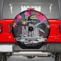 Personalised Hawaii Spare Tire Cover Humpback Whale Tattoo With Tropical Flowers Black LT14 - Polynesian Pride