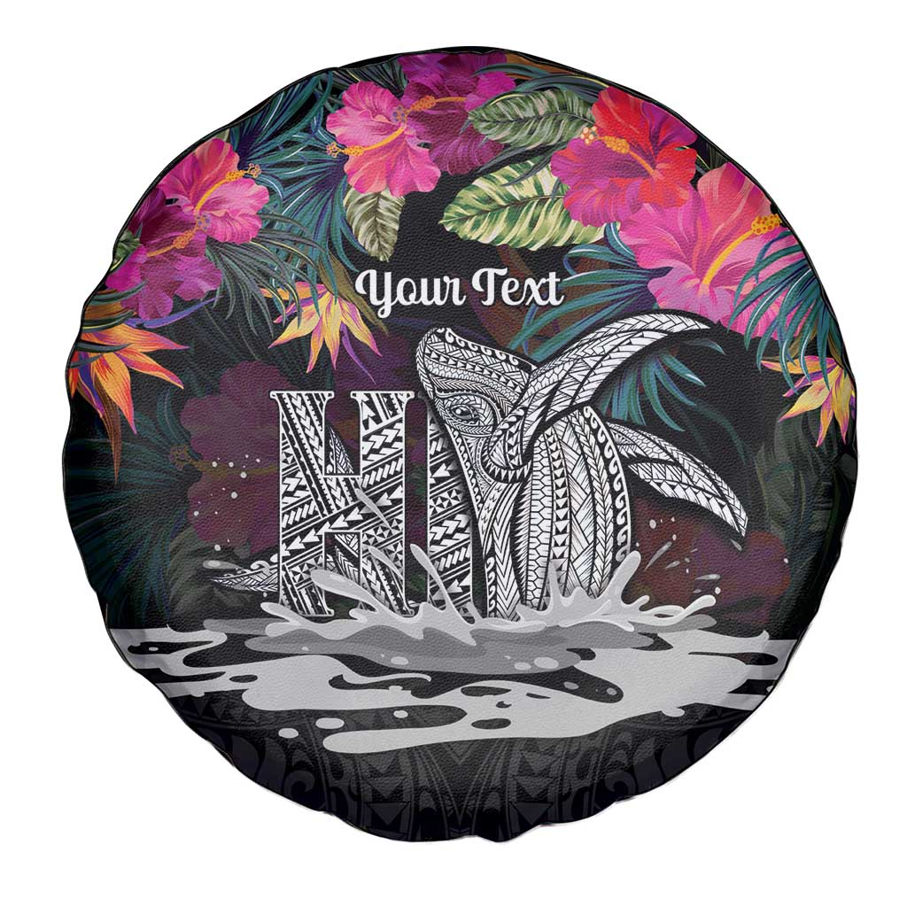 Personalised Hawaii Spare Tire Cover Humpback Whale Tattoo With Tropical Flowers Black LT14 - Polynesian Pride