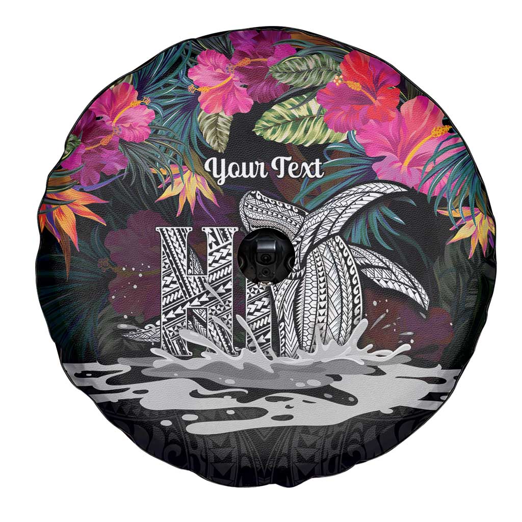 Personalised Hawaii Spare Tire Cover Humpback Whale Tattoo With Tropical Flowers Black LT14 - Polynesian Pride
