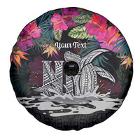 Personalised Hawaii Spare Tire Cover Humpback Whale Tattoo With Tropical Flowers Black LT14 - Polynesian Pride