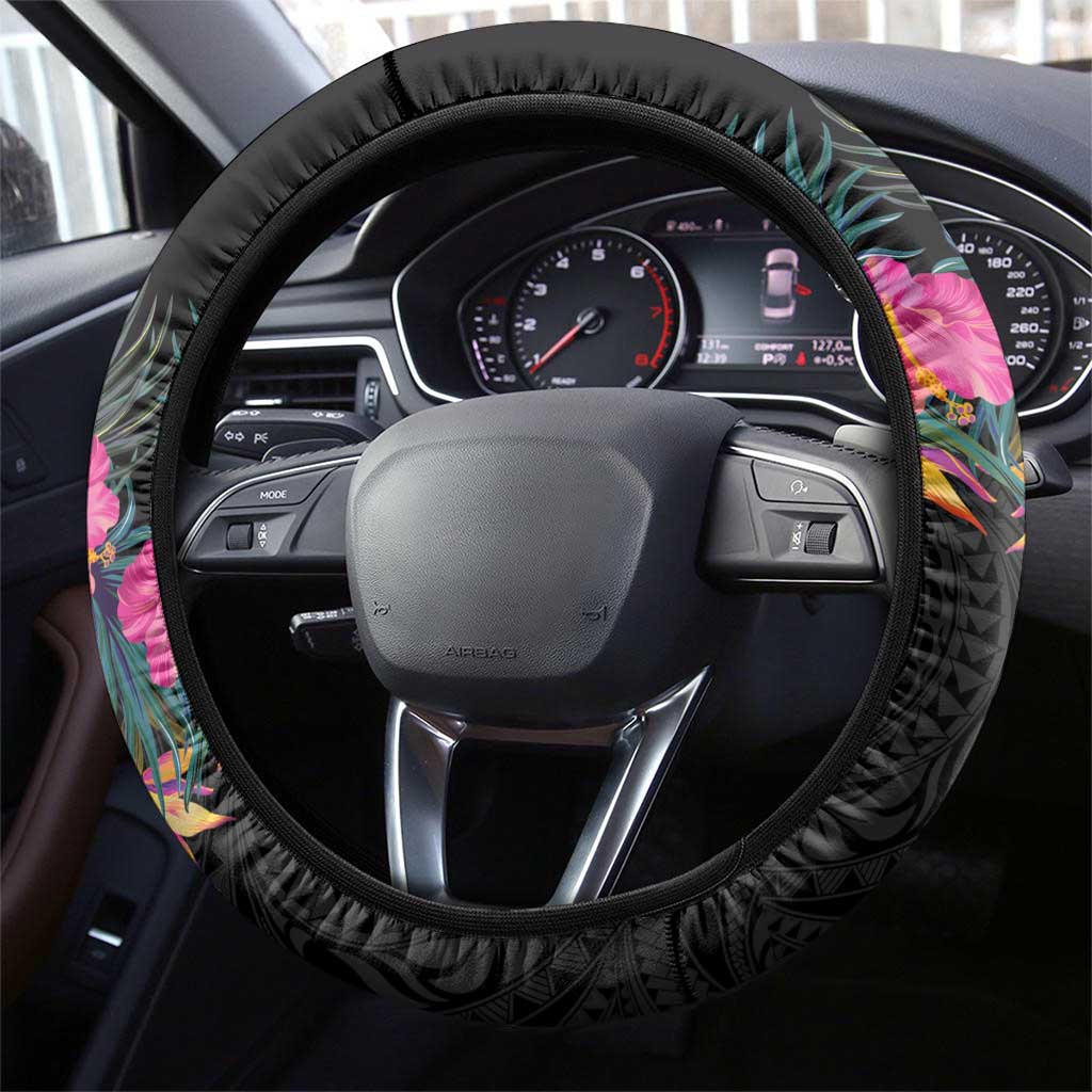 Hawaii Steering Wheel Cover Humpback Whale Tattoo With Tropical Flowers Black LT14 - Polynesian Pride