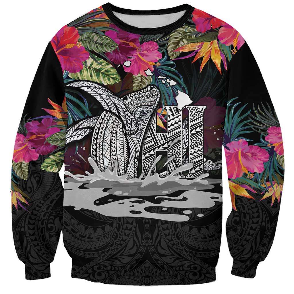Personalised Hawaii Sweatshirt Humpback Whale Tattoo With Tropical Flowers Black LT14 Unisex Black - Polynesian Pride