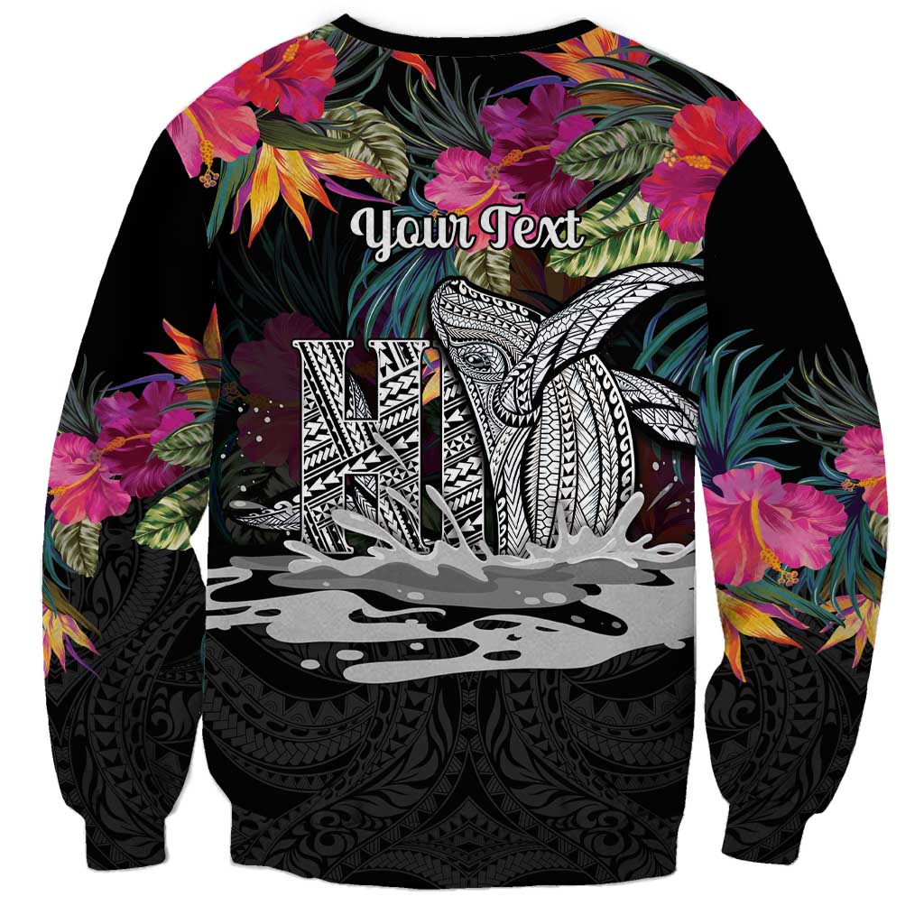 Personalised Hawaii Sweatshirt Humpback Whale Tattoo With Tropical Flowers Black LT14 - Polynesian Pride