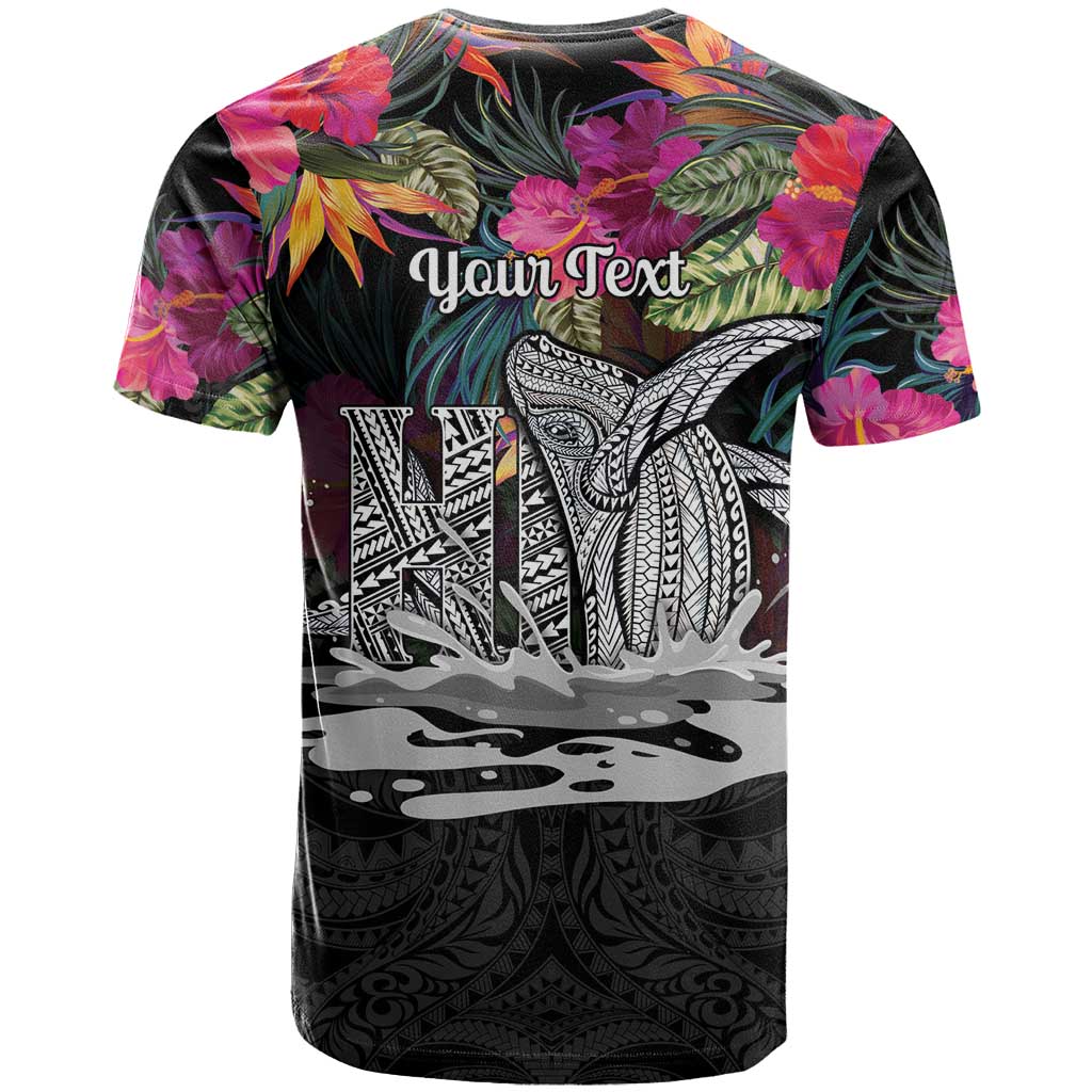 Personalised Hawaii T Shirt Humpback Whale Tattoo With Tropical Flowers Black LT14 - Polynesian Pride