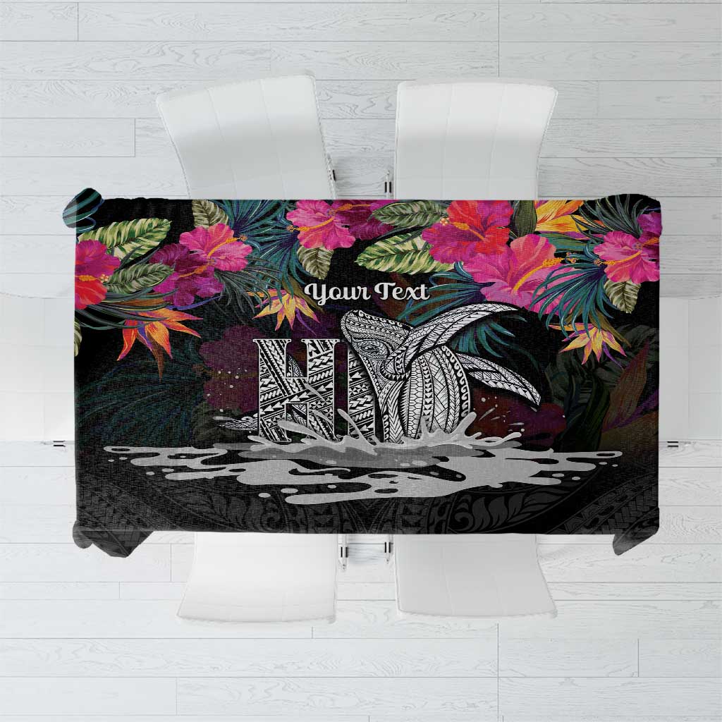 Personalised Hawaii Tablecloth Humpback Whale Tattoo With Tropical Flowers Black LT14 Black - Polynesian Pride