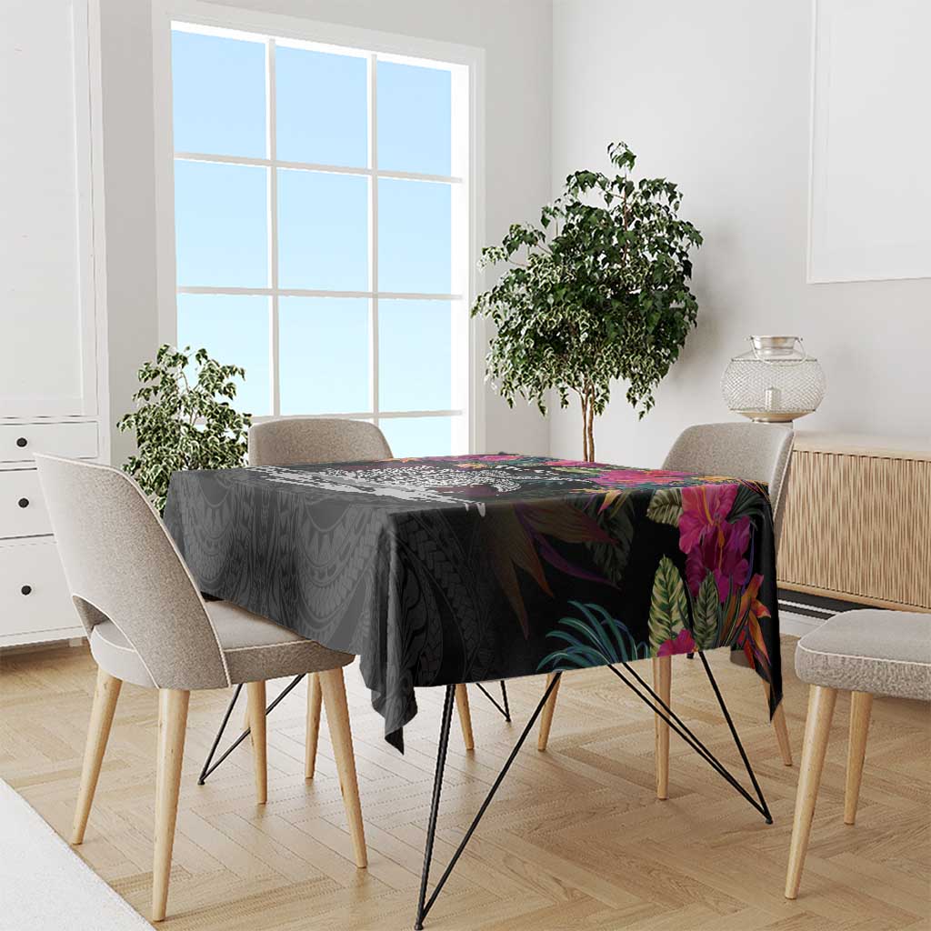 Personalised Hawaii Tablecloth Humpback Whale Tattoo With Tropical Flowers Black LT14 - Polynesian Pride