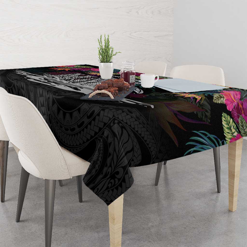 Personalised Hawaii Tablecloth Humpback Whale Tattoo With Tropical Flowers Black LT14 - Polynesian Pride