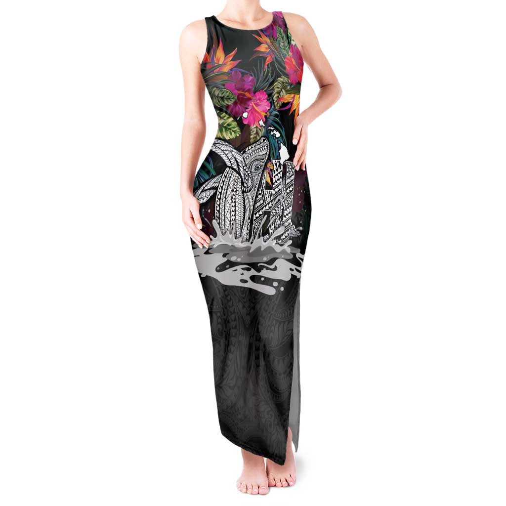 Personalised Hawaii Tank Maxi Dress Humpback Whale Tattoo With Tropical Flowers Black LT14 Women Black - Polynesian Pride