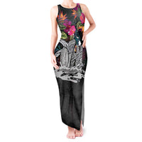 Personalised Hawaii Tank Maxi Dress Humpback Whale Tattoo With Tropical Flowers Black LT14 Women Black - Polynesian Pride