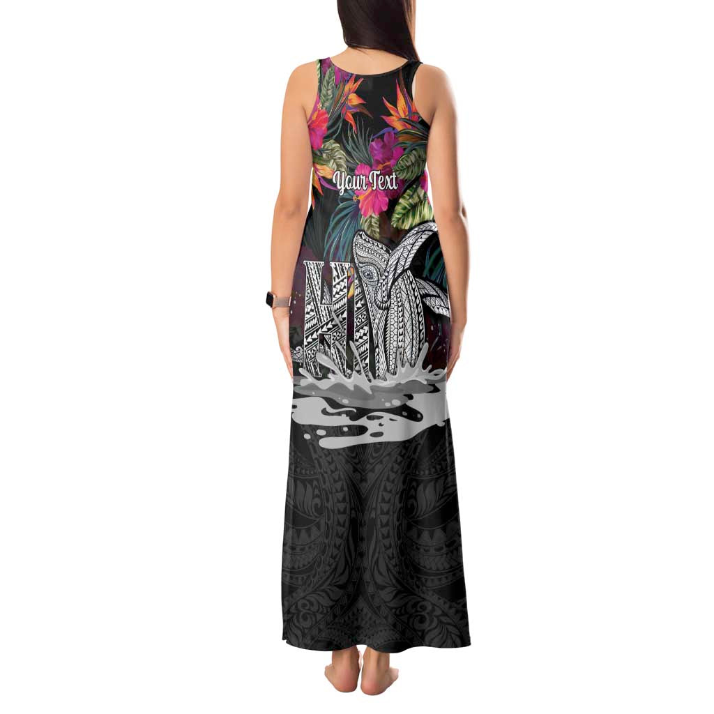 Personalised Hawaii Tank Maxi Dress Humpback Whale Tattoo With Tropical Flowers Black LT14 - Polynesian Pride