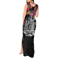 Personalised Hawaii Tank Maxi Dress Humpback Whale Tattoo With Tropical Flowers Black LT14 - Polynesian Pride