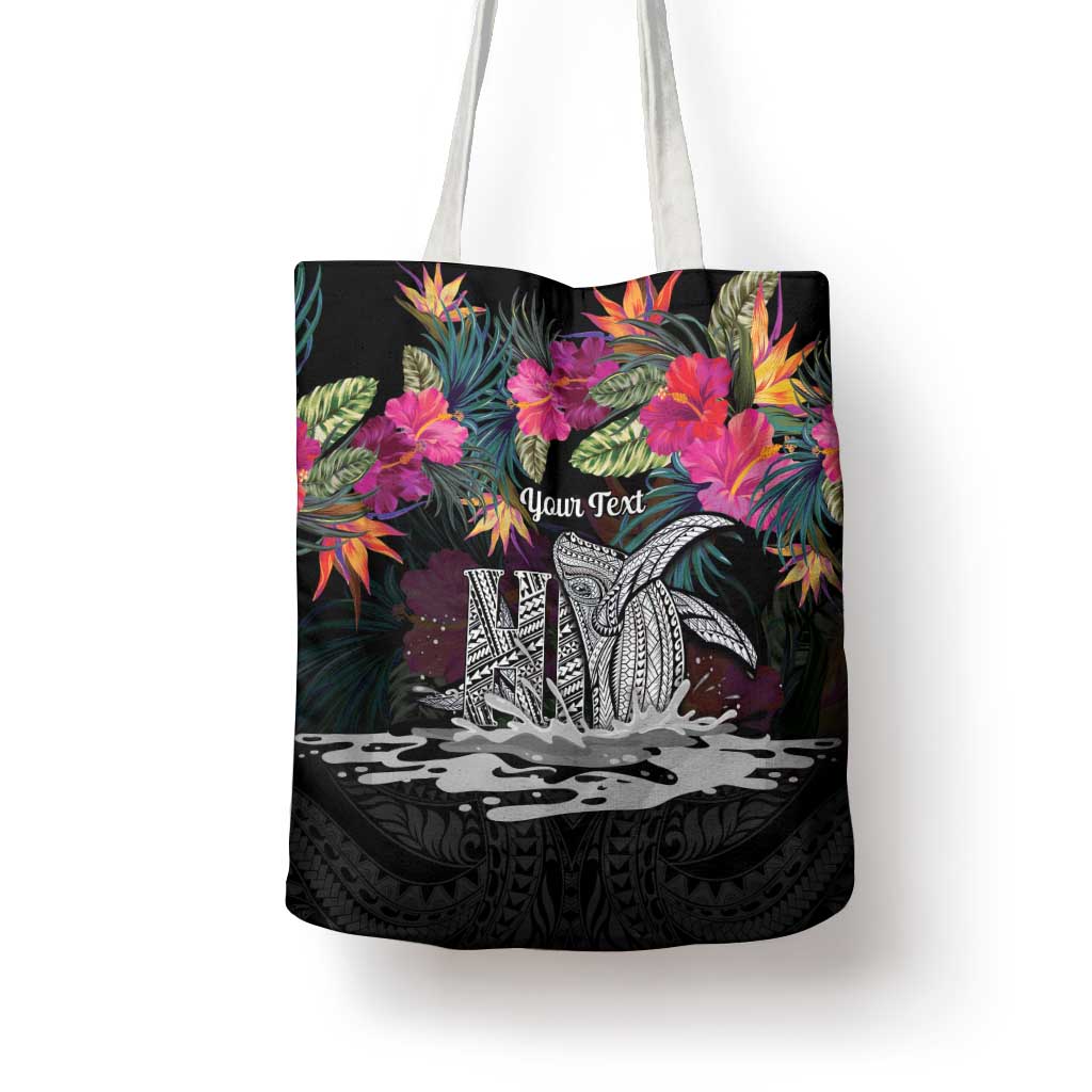 Personalised Hawaii Tote Bag Humpback Whale Tattoo With Tropical Flowers Black LT14 - Polynesian Pride