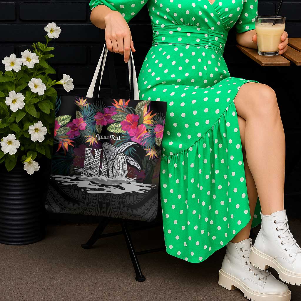 Personalised Hawaii Tote Bag Humpback Whale Tattoo With Tropical Flowers Black LT14 - Polynesian Pride