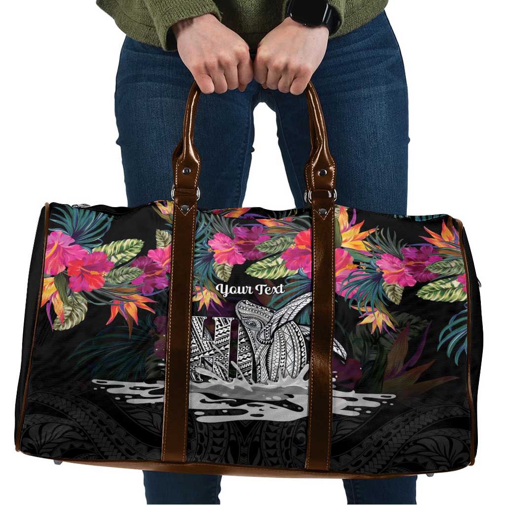 Personalised Hawaii Travel Bag Humpback Whale Tattoo With Tropical Flowers Black