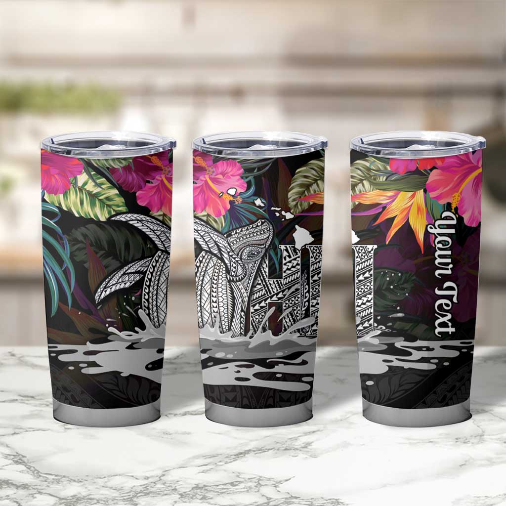 Personalised Hawaii Tumbler Cup Humpback Whale Tattoo With Tropical Flowers Black LT14 - Polynesian Pride