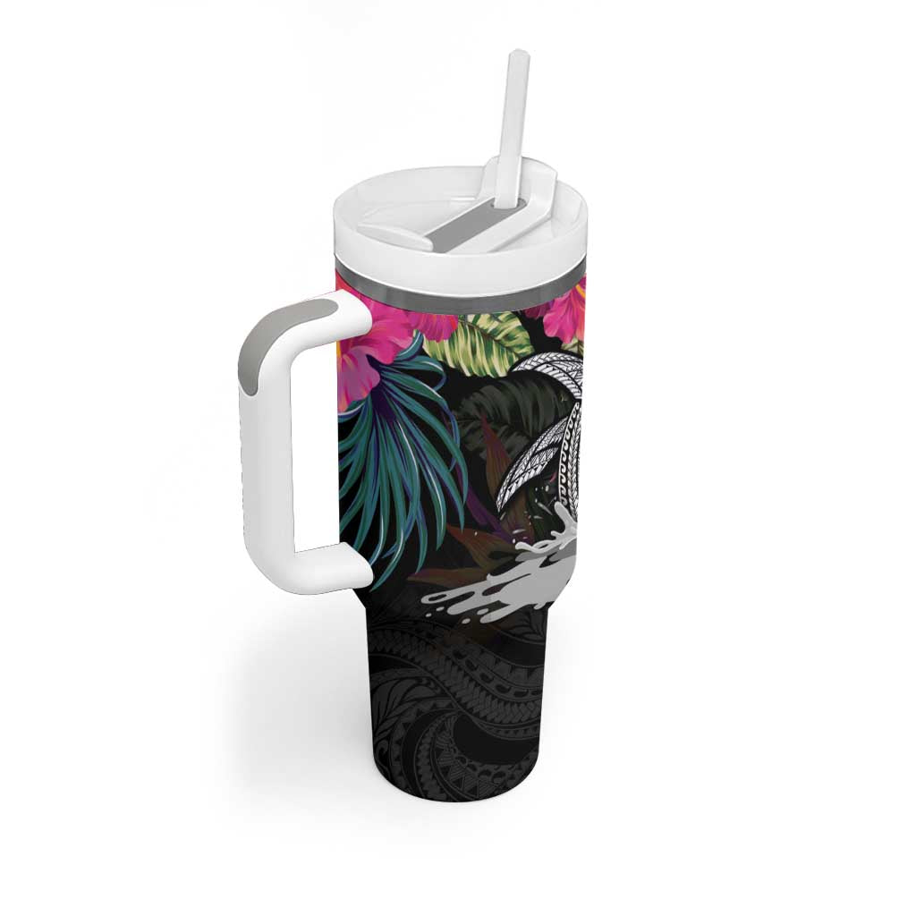 Personalised Hawaii Tumbler With Handle Humpback Whale Tattoo With Tropical Flowers Black LT14 - Polynesian Pride