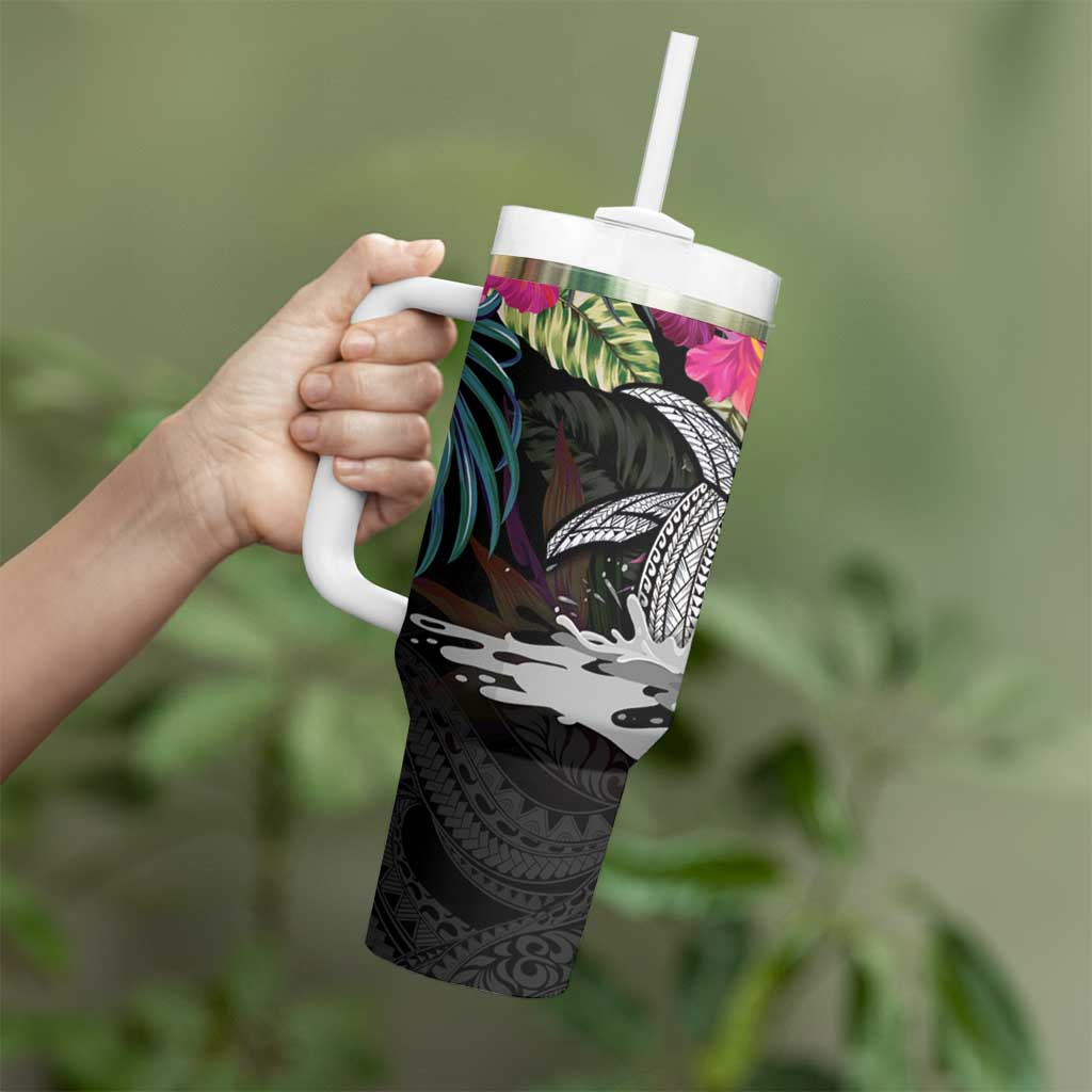 Personalised Hawaii Tumbler With Handle Humpback Whale Tattoo With Tropical Flowers Black LT14 - Polynesian Pride