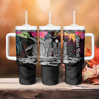 Personalised Hawaii Tumbler With Handle Humpback Whale Tattoo With Tropical Flowers Black LT14 - Polynesian Pride